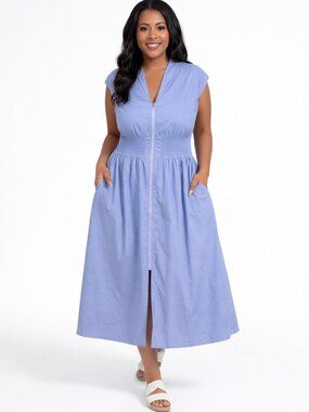 She + Sky Periwinkle Blue Zip Front Midi Dress With Smocked Waist - Size Large